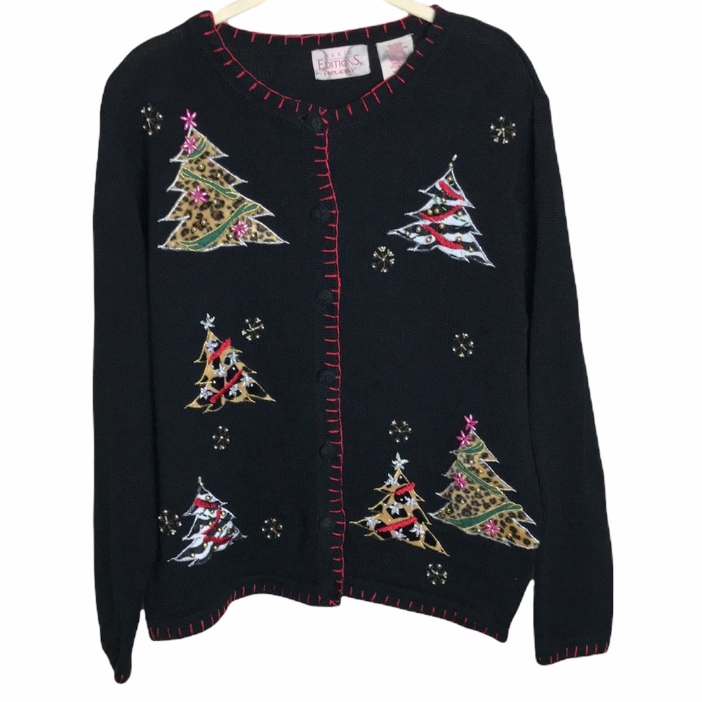 Animal Print Xmas Tree Beaded Knit Cardigan S|M